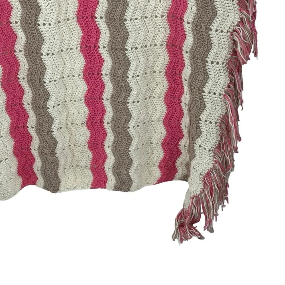 *Beautiful Hand Knit Afghan Throw in Pink Tan and White.